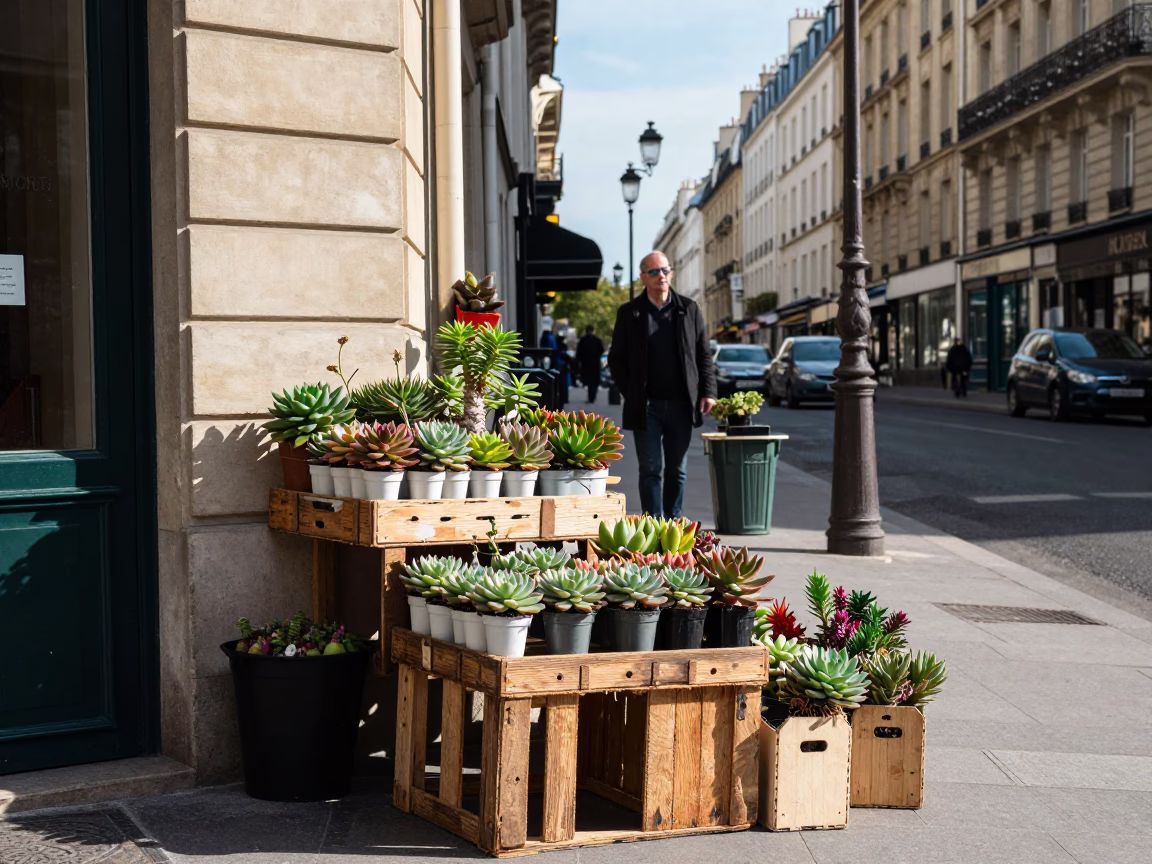 Parisian Late Morning Street Scene with Potted Succulents and File Box in in Paris, France