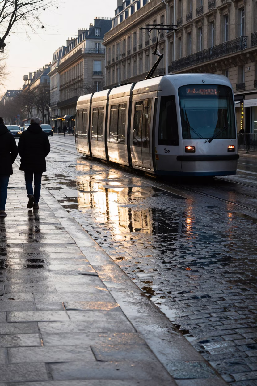 Parisian Late Morning Street Scene with Tram Reflection in Rain on Cobblestones in in Paris, France