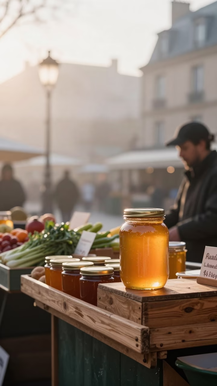 Parisian Market Stall at Dawn with Honey and Herbs in First Light in in Paris, France