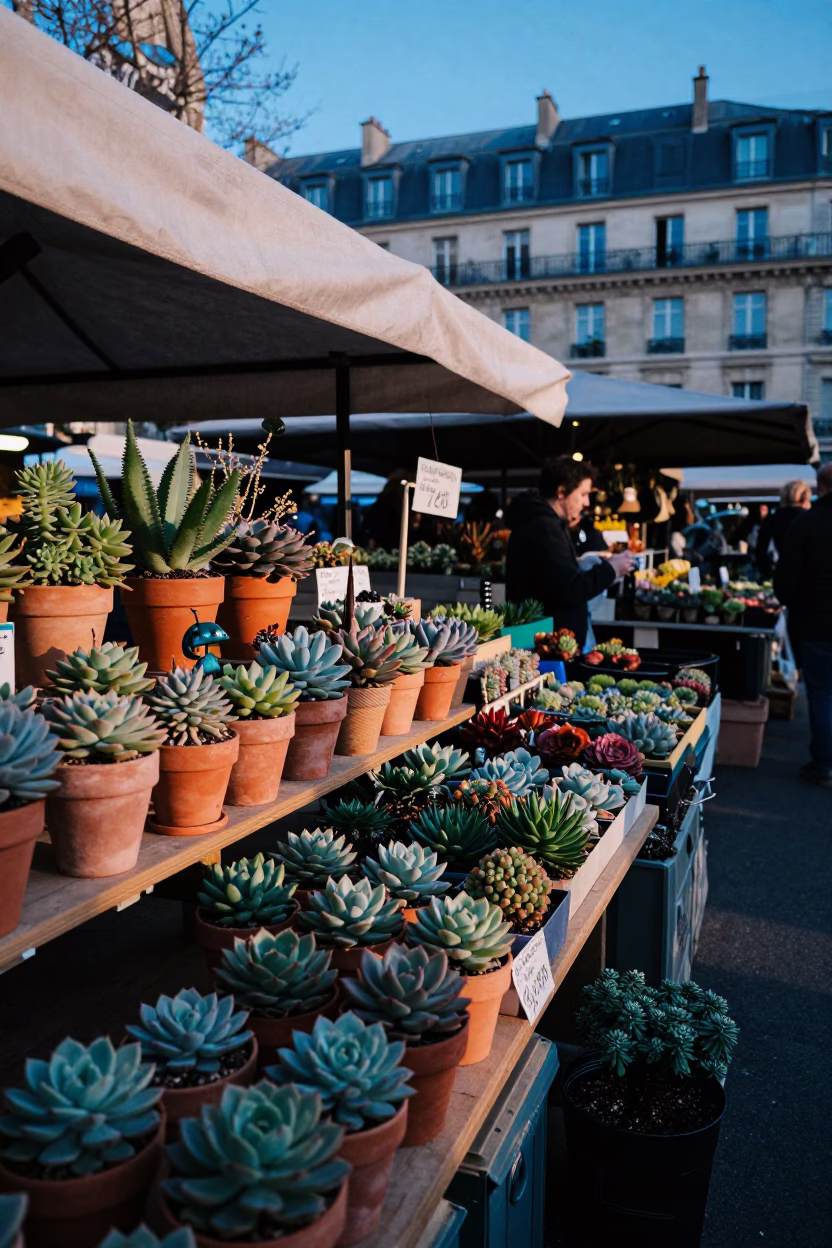 Parisian Market Stall Before Sunrise with Succulents and Rolling Pins in in Paris, France