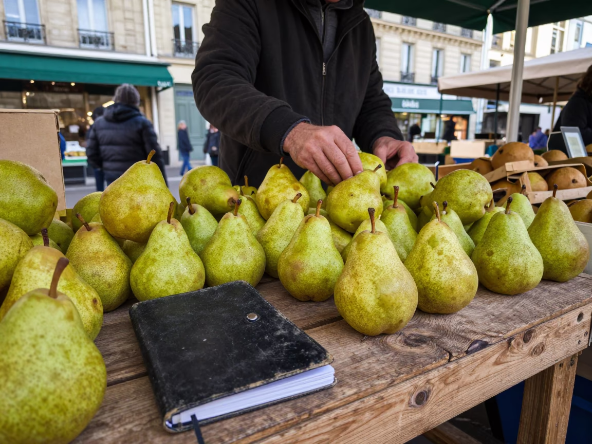 Parisian Market Stall Early Morning with Fresh Pears and Notebook in in Paris, France