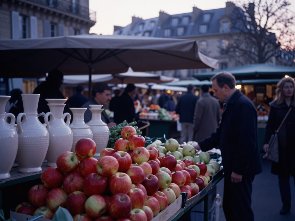 Parisian Market Stall Morning Before Sunrise with Ceramic Cups and Fruit in in Paris, France
