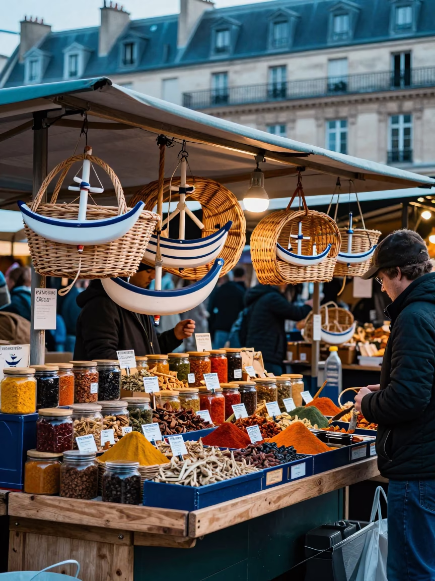 Parisian Market Stall Nautical Dawn Light with Wicker Basket and Spice Jars in in Paris, France