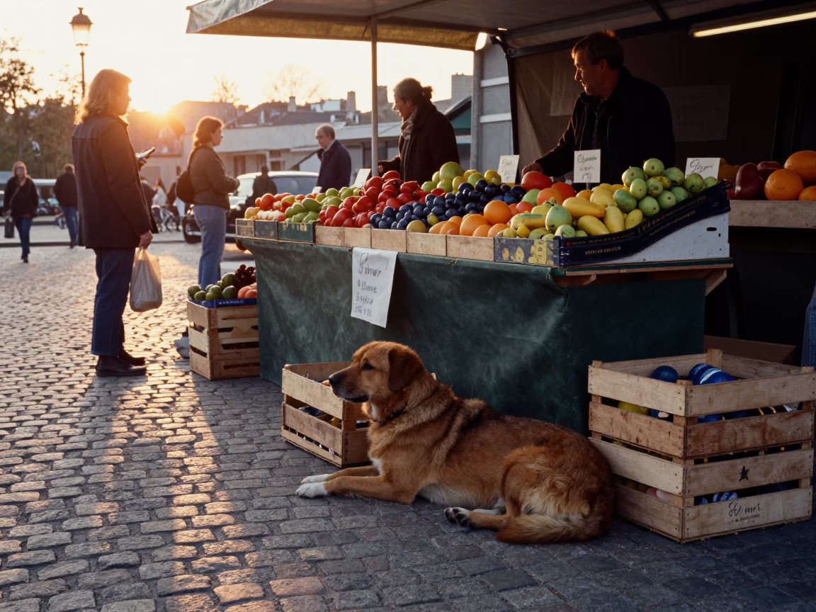 Parisian Market Stall with Brown Dog and Fruit at Sunset in France in in Paris, France