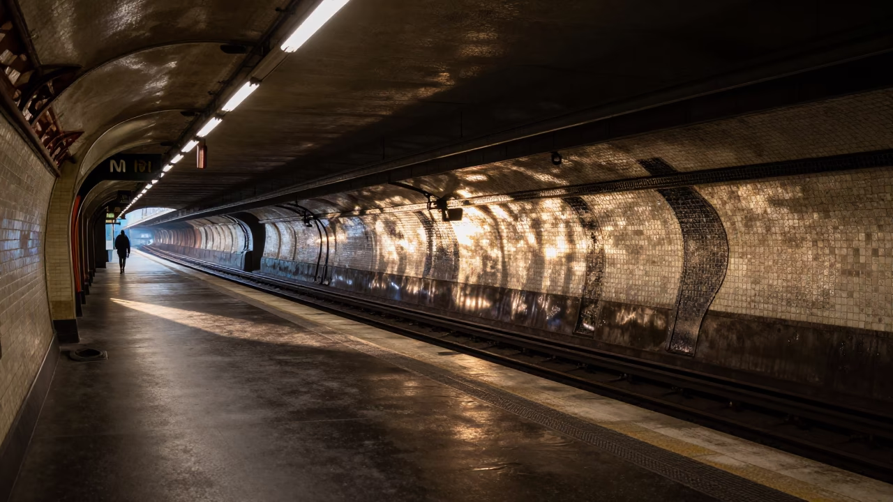 Parisian Metro Platform Before Dawn with Condensation on Glass and Turnbuckle Hardware in in Paris, France