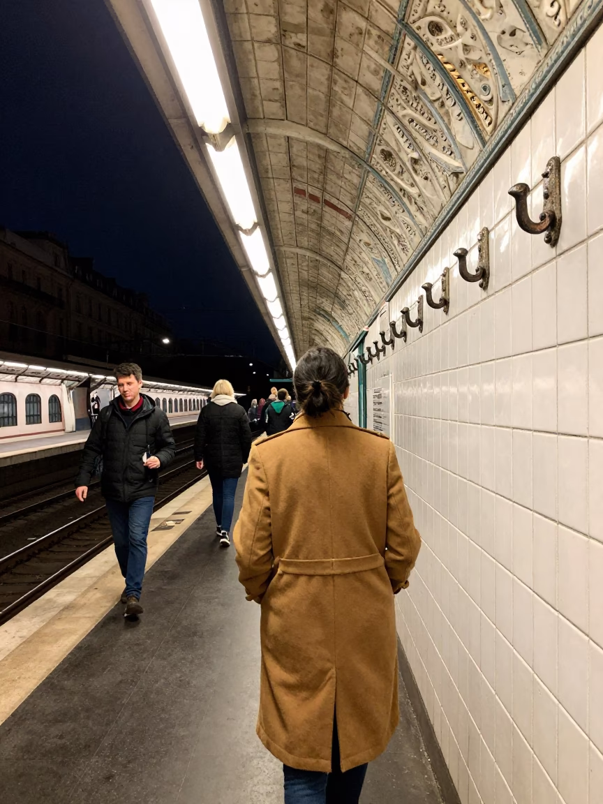 Parisian Metro Station Night Scene with Vintage Coat Hooks and Commuter Activity in in Paris, France