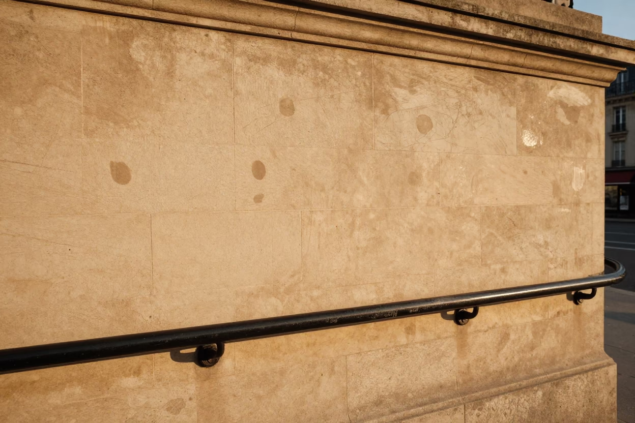 Parisian Metro Station Wall with Smudges and Fingerprints in Honeyed Evening Light in in Paris, France