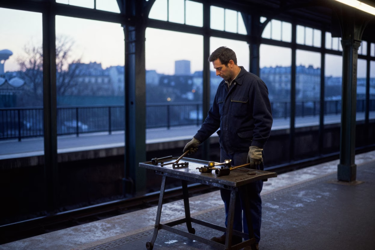 Parisian Metro Worker Inspecting Tools in Cool Pre-Dawn Light in in Paris, France