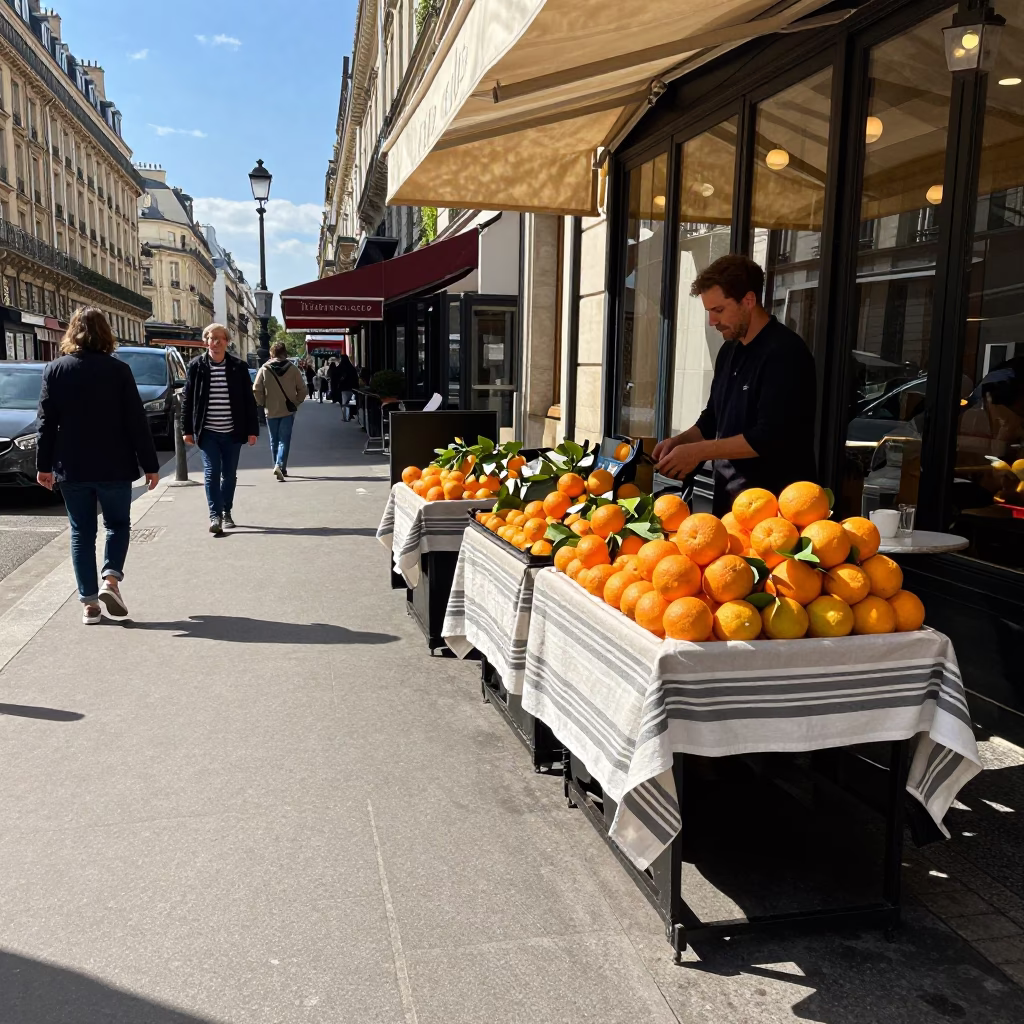Parisian Midmorning Street Scene with Oranges and Sunlight Stripes in in Paris, France