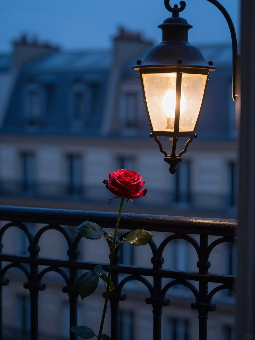 Parisian Morning Before Dawn With Vintage Lamp And Dewy Rose On Balcony in in Paris, France