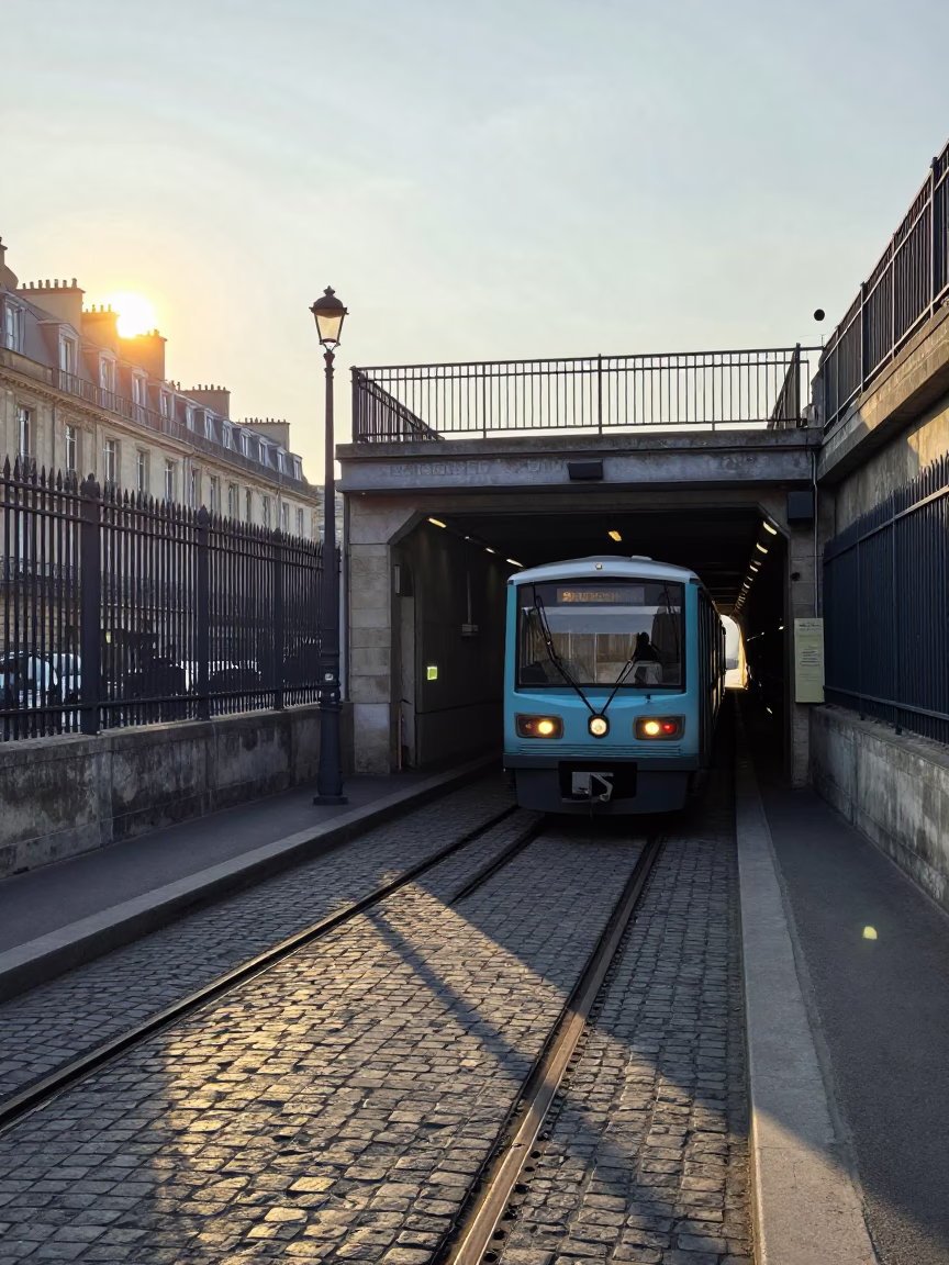 Parisian Morning Commute Metro Train Emerging from Tunnel into Sunlight in in Paris, France
