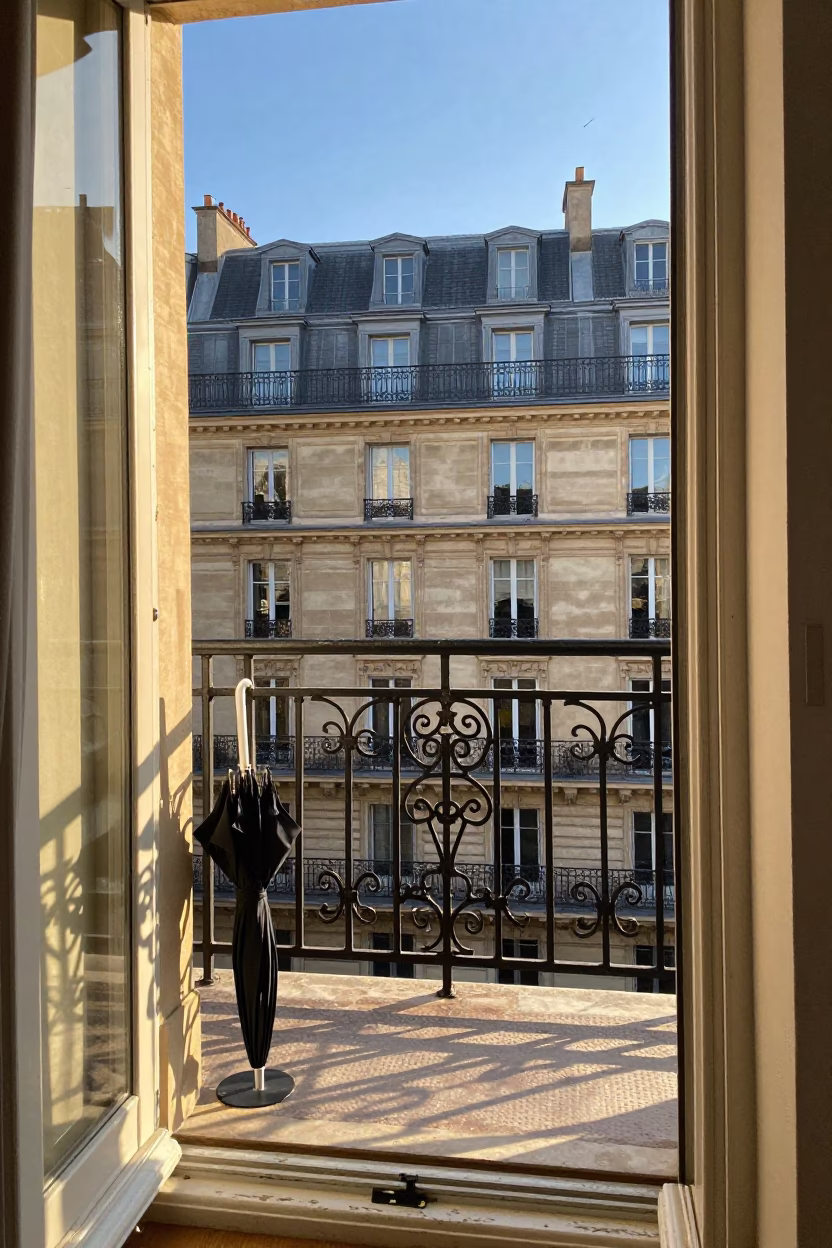 Parisian Morning Light on Balcony with Umbrella Stand and Apricots in France in in Paris, France