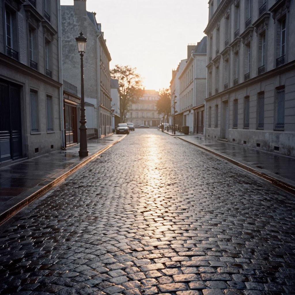 Parisian Morning Light on Cobblestone Street Near Metro Entrance in in Paris, France