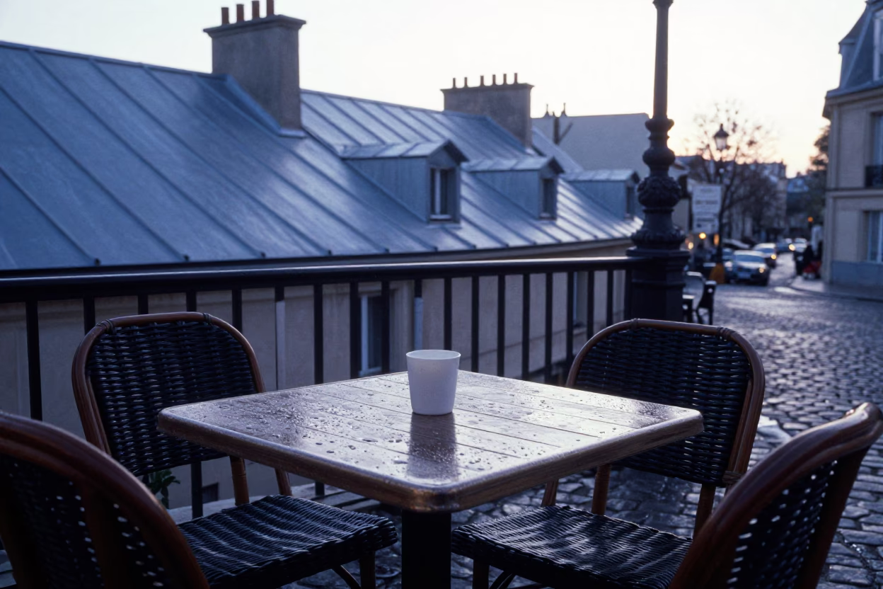 Parisian Morning Light on Cobblestone Street with Condensation on Table and Blue Porcelain Jar in in Paris, France