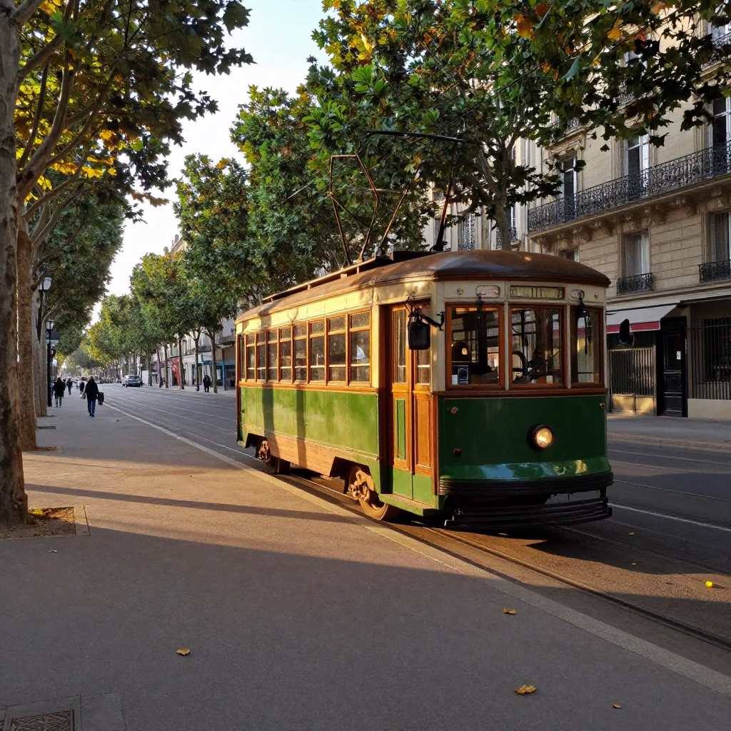 Parisian Morning Light on Old Trolley and Fallen Petals in in Paris, France