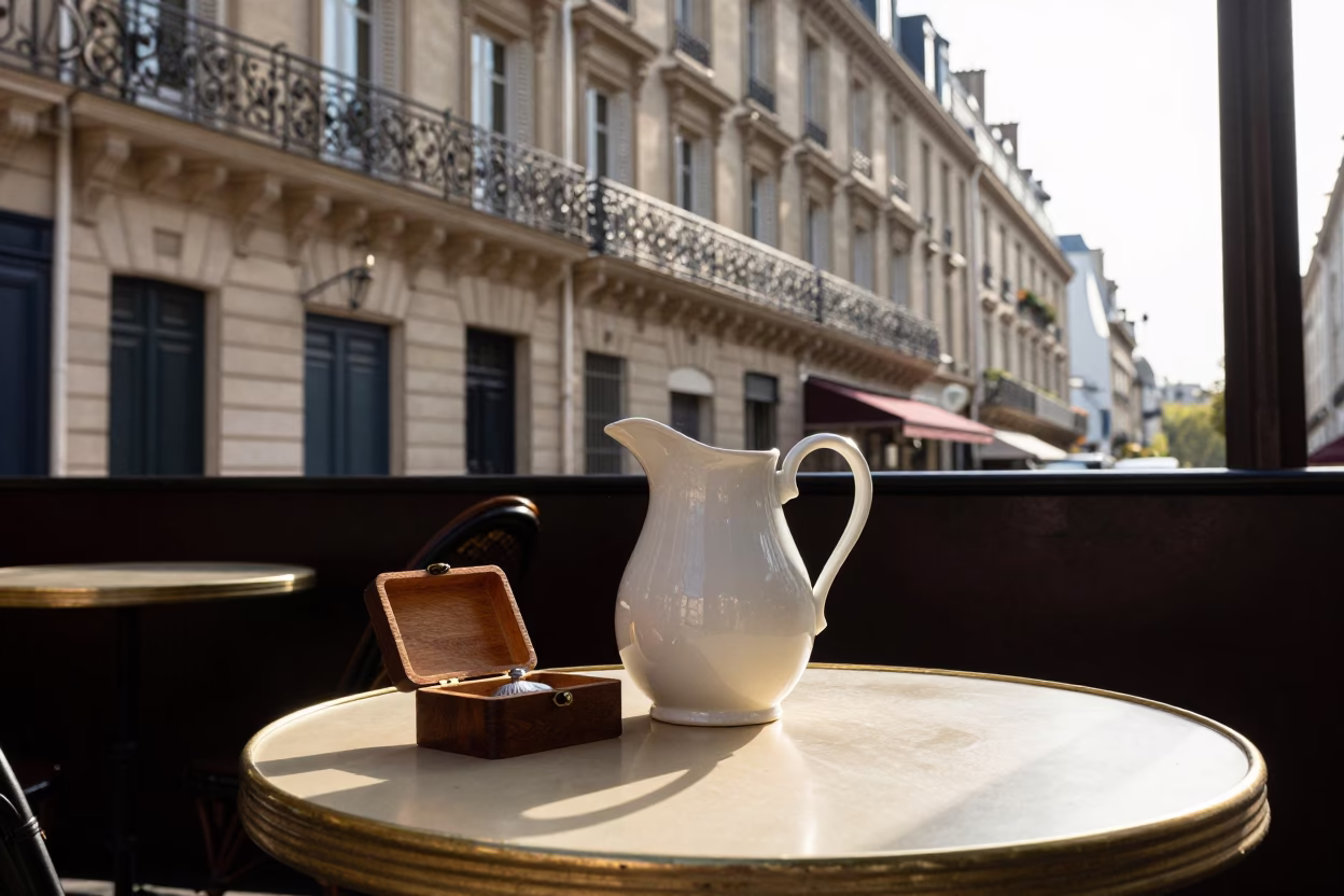 Parisian Morning Light Reveals Vintage Ceramic Pitcher and Snuff Box on Cobblestone Cafe Table in in Paris, France