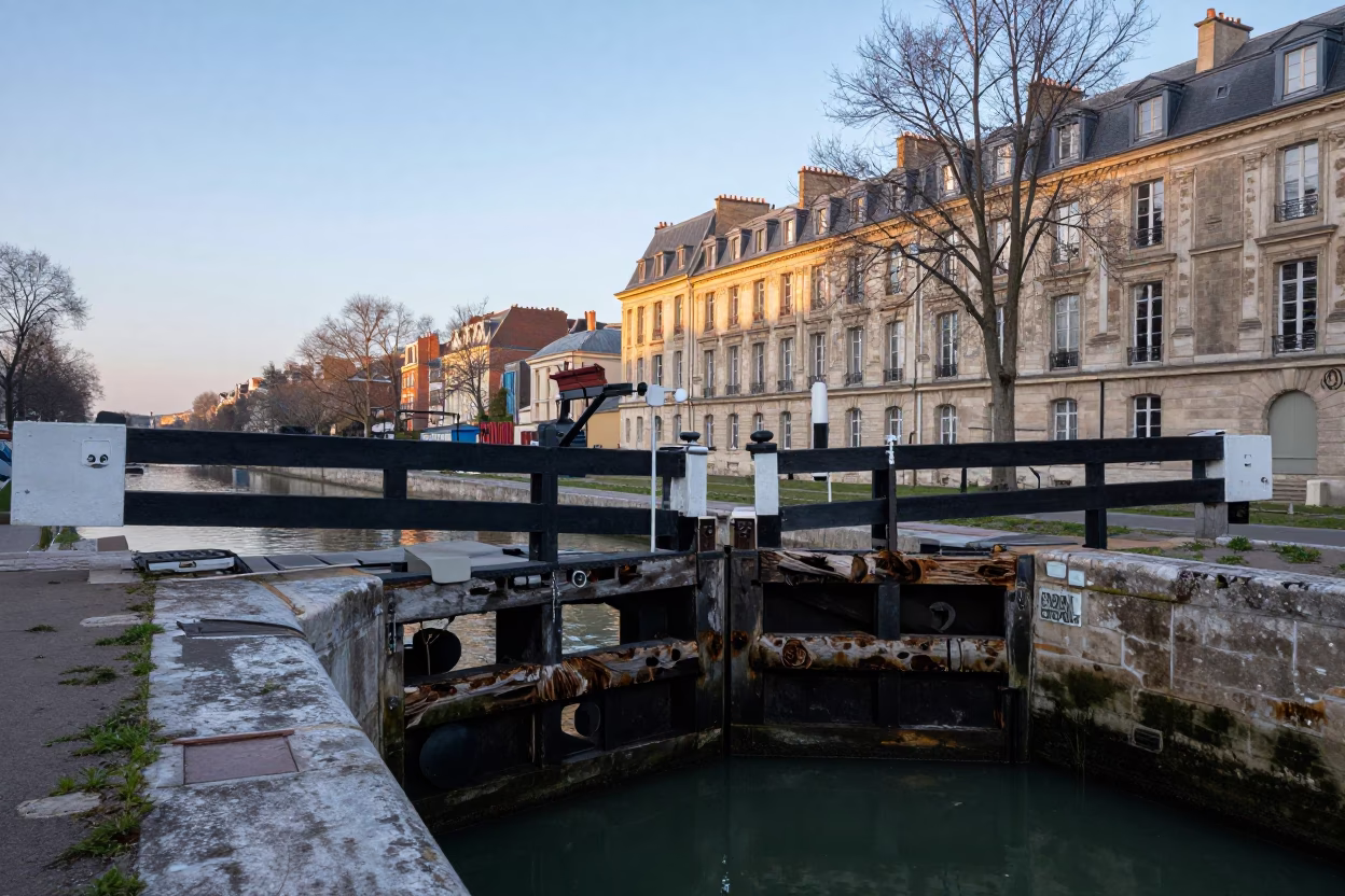 Parisian Morning Nautical Dawn Canal Lock Rotten Timber Gates Street Scene in in Paris, France