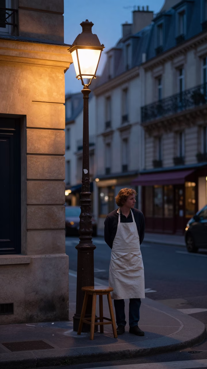 Parisian Morning Street Scene with Kitchen Stool and Apron in Predawn Light in in Paris, France