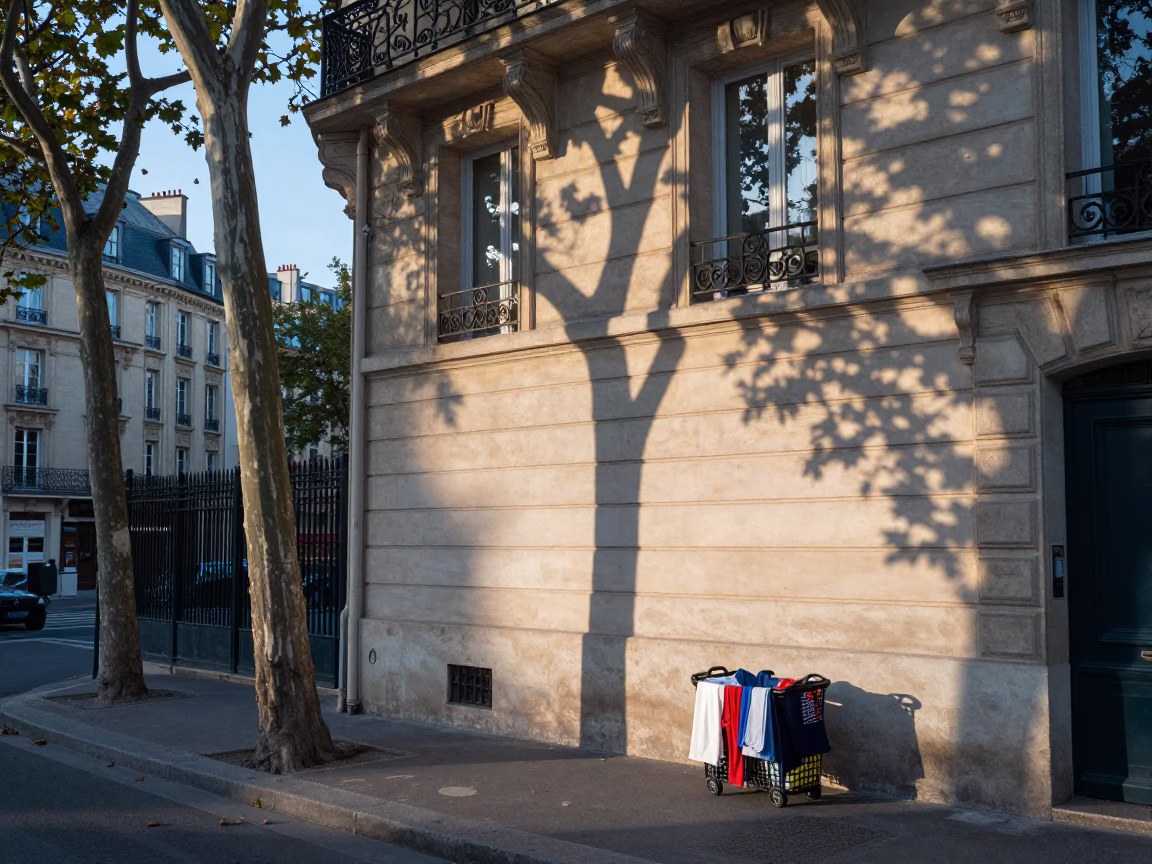 Parisian Morning Street Scene with Laundry Basket and Leaf Shadows Before Sunrise in in Paris, France