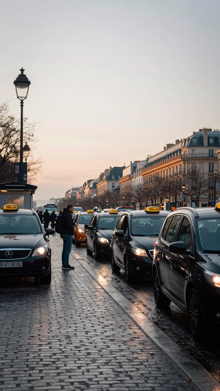Parisian Nautical Dawn Taxi Rank Outside Gare du Nord Station with Catenary Wires in in Paris, France