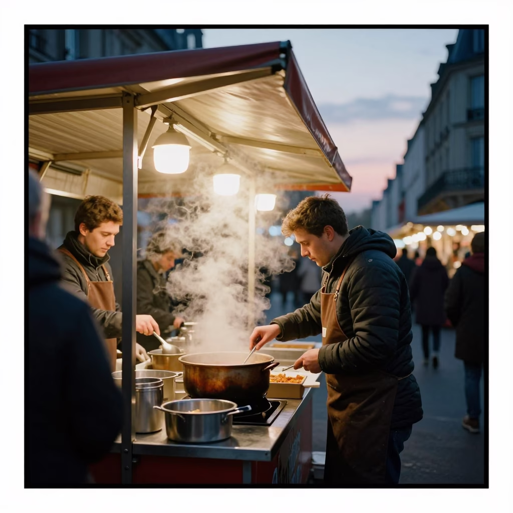 Parisian Night Market Stall Before Dawn with Steaming Hotpot and Terracotta Bowls in in Paris, France