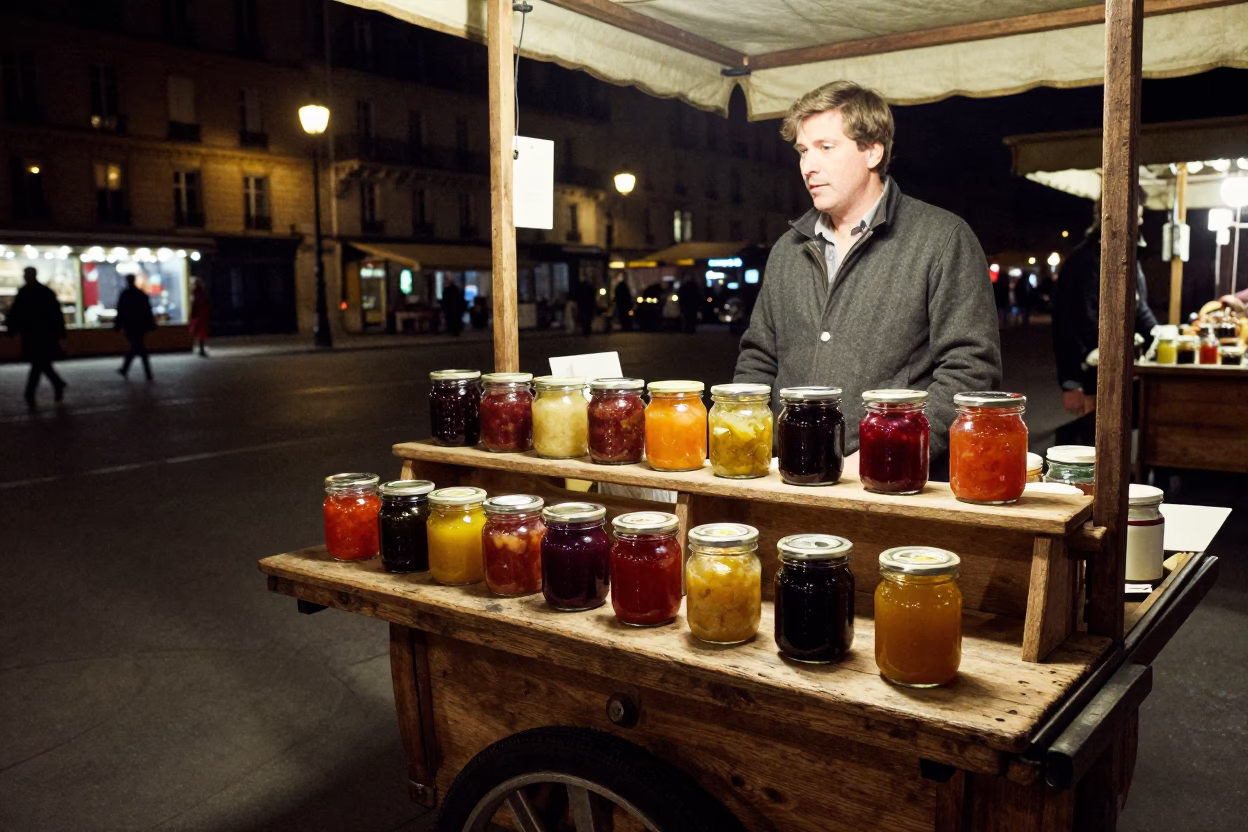 Parisian Night Market Stall Displaying Glass Jars and Taper Candles in in Paris, France