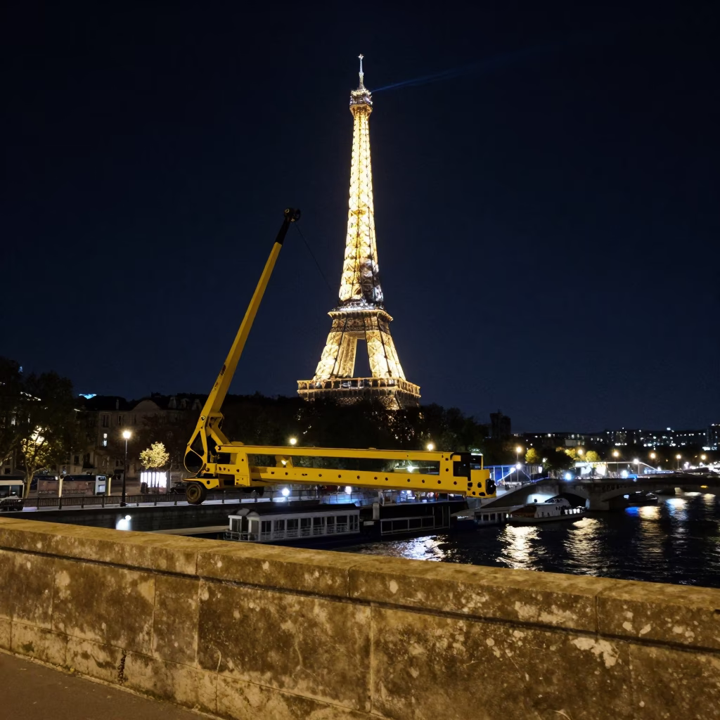 Parisian Night Scene with Bridge Maintenance Cradle Over Green River and Single Red Rose in in Paris, France