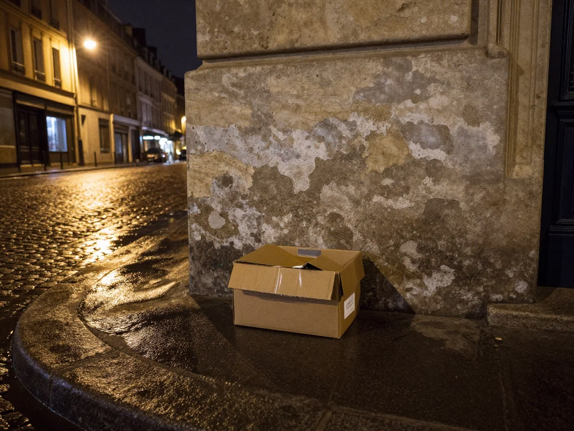 Parisian Night Street Corner with Shoebox and Paint Flecks on Latch in in Paris, France