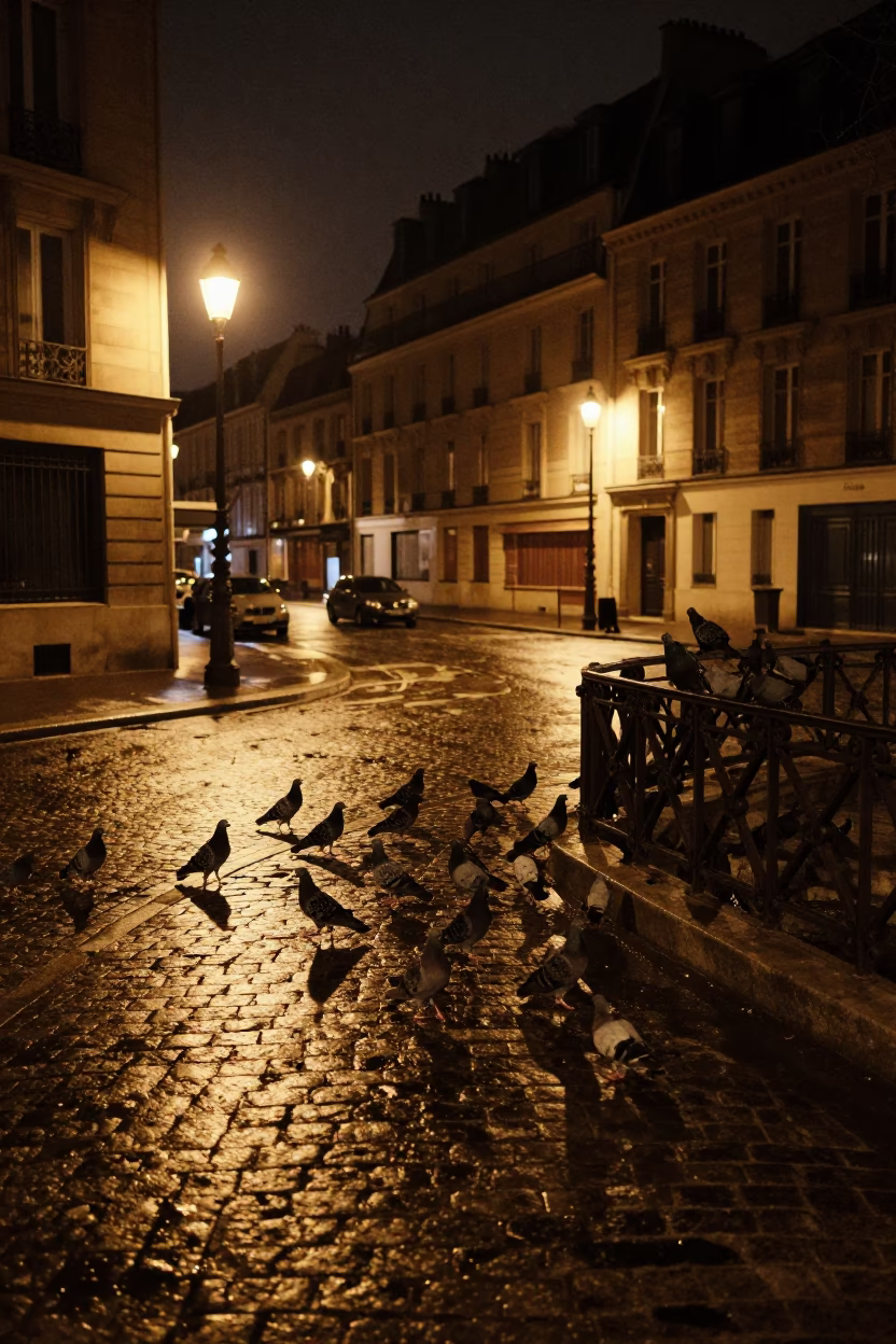 Parisian Night Street Scene with Pigeons on Cobblestones in Deep Night in in Paris, France