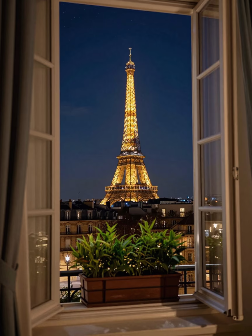 Parisian Night View Through Apartment Window With Starry Sky And City Lights in in Paris, France