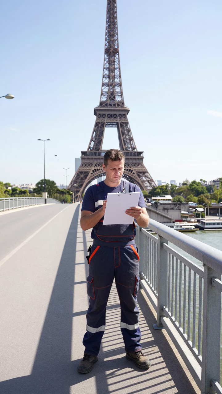 Parisian Noon Bridge Maintenance Worker Checking Clipboard Above Seine River in in Paris, France