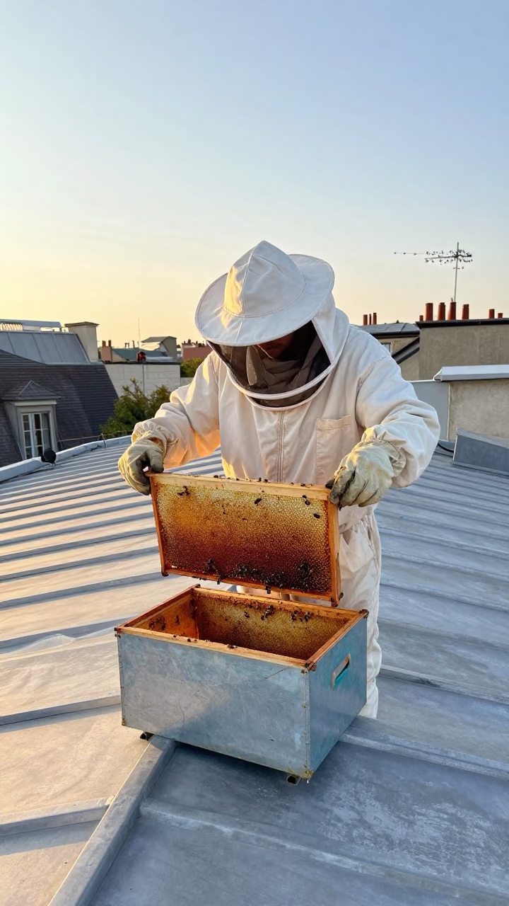 Parisian Rooftop Beekeeper Harvesting Honey Frames at Dawn in France in in Paris, France