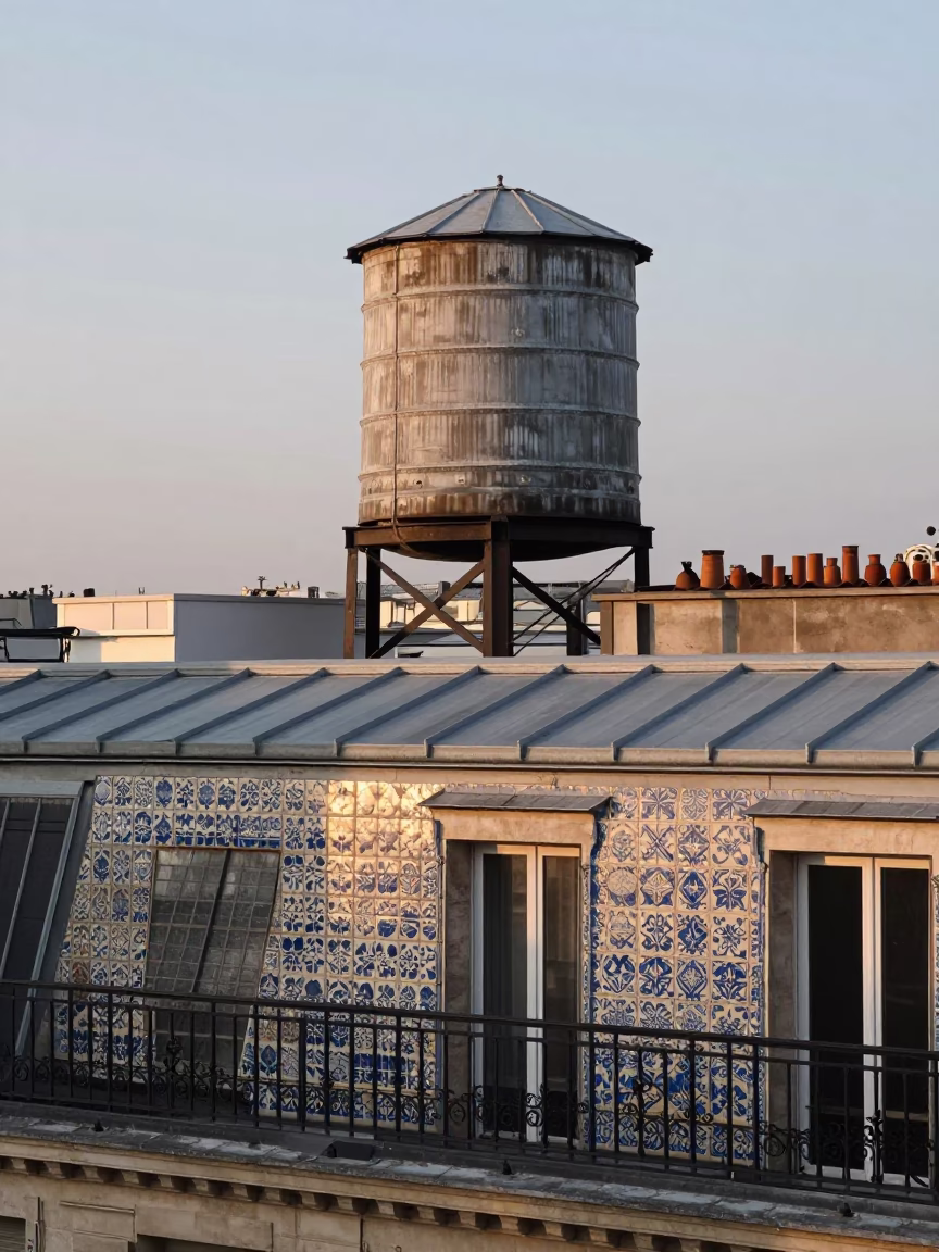Parisian Rooftop Water Tower and Ceramic Tiles in Early Evening Light in in Paris, France