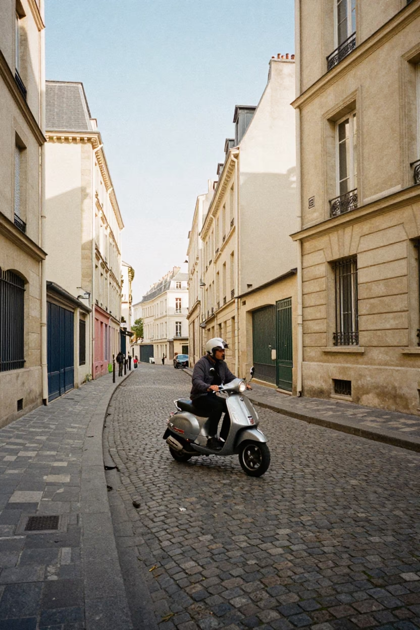 Parisian Scooter Weaving Through Cobblestone Street in Late Afternoon Light in in Paris, France