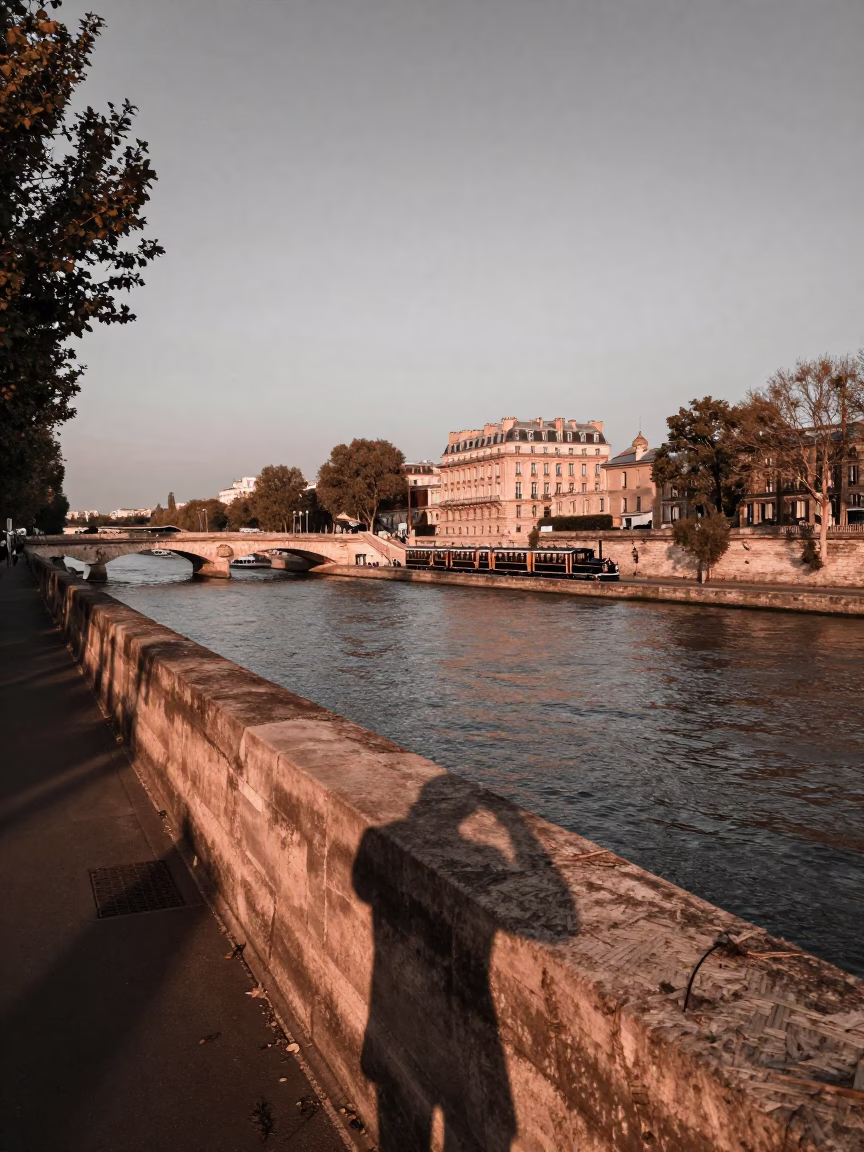Parisian Seine Riverbank at Dusk with Wicker Shadow and Houseboat Garden in in Paris, France