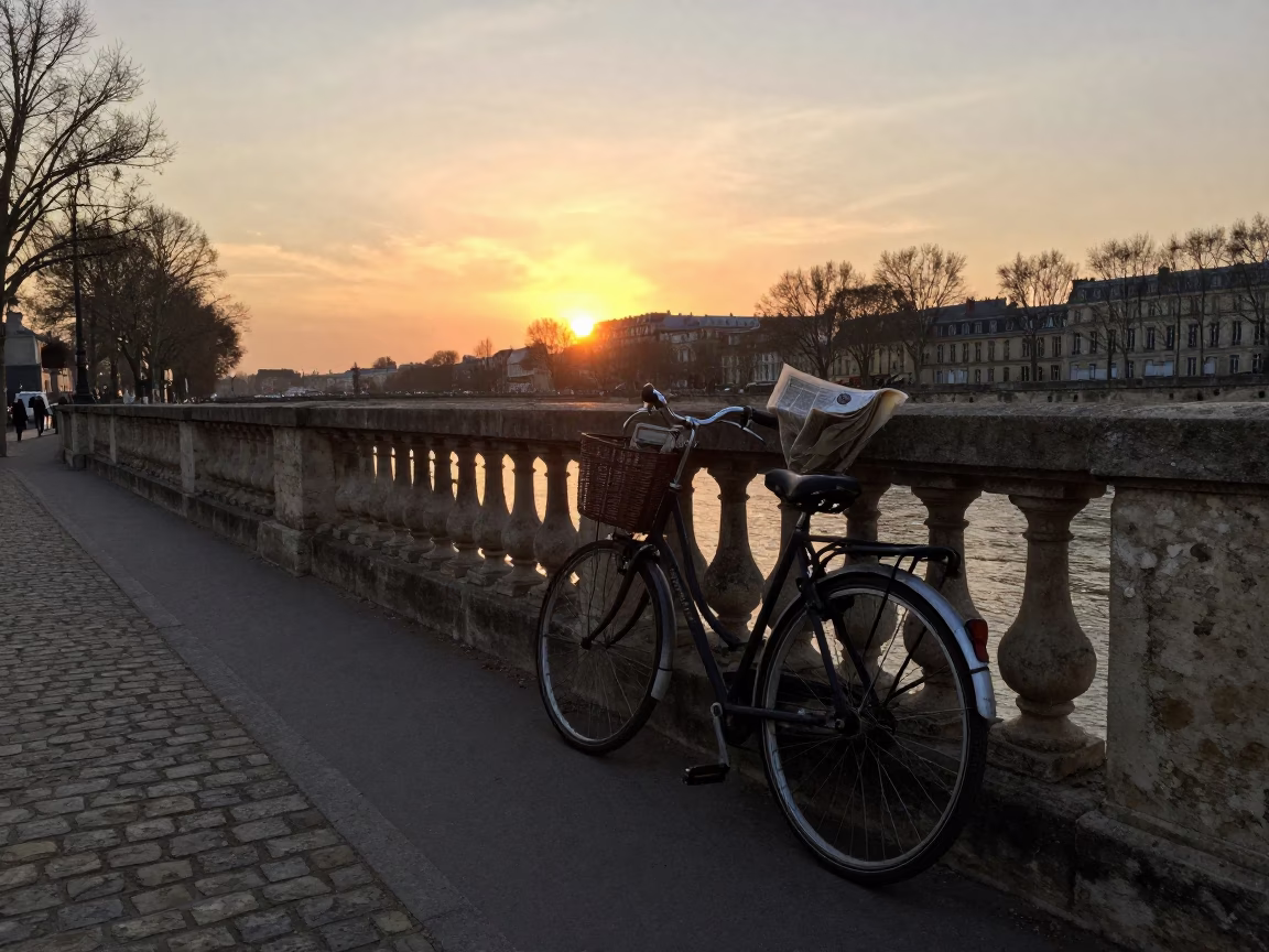 Parisian Seine Riverbank at Sunset with Vintage Bicycle and Urban Landscape in in Paris, France