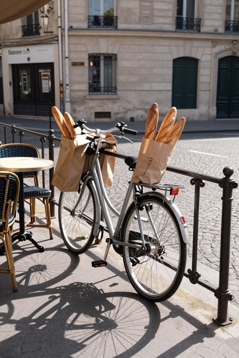 Parisian Sidewalk Cafe Late Morning Scene with Bicycle and Baguettes in in Paris, France