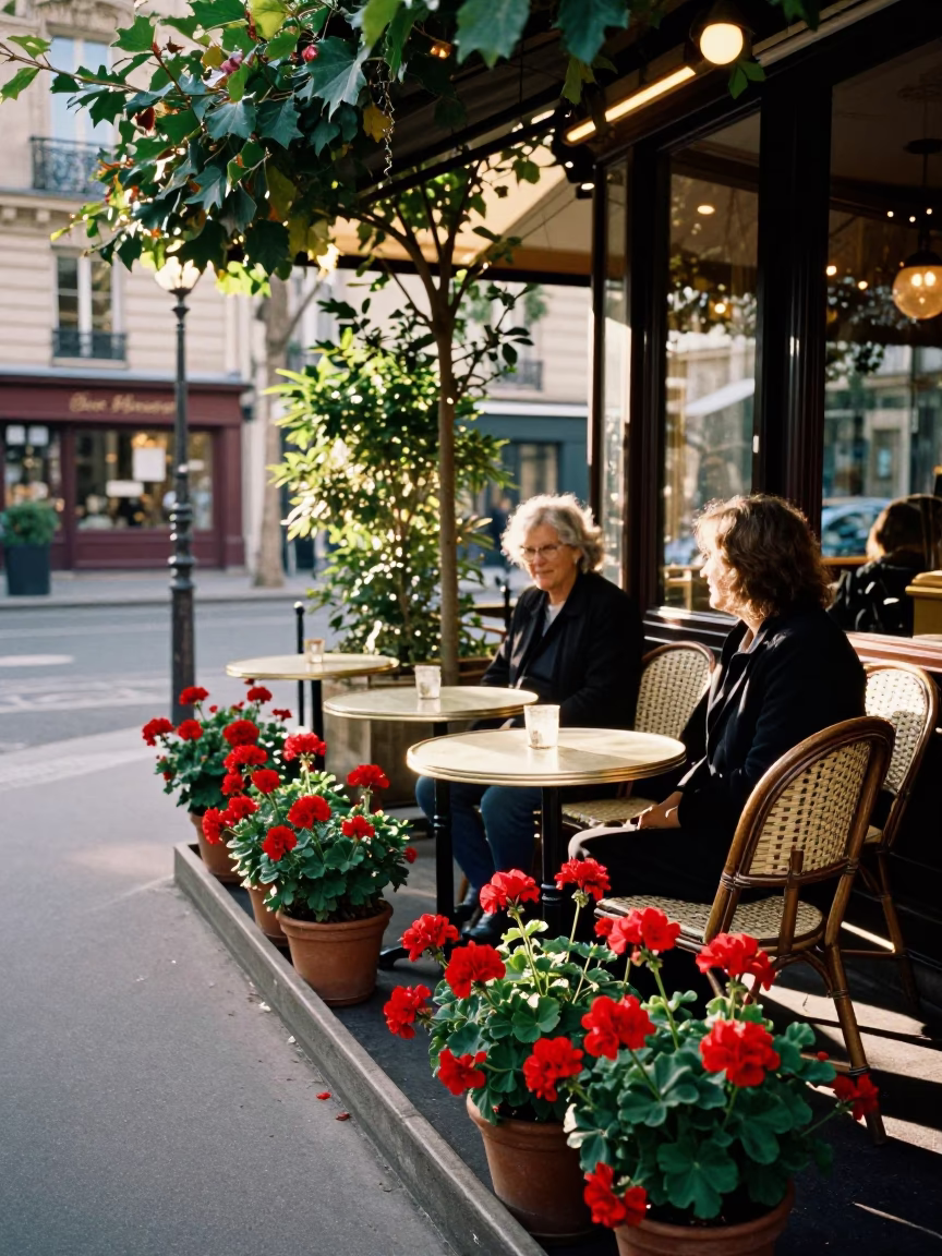 Parisian Sidewalk Cafe Late Morning with Potted Geraniums and Biscuit Tin in in Paris, France