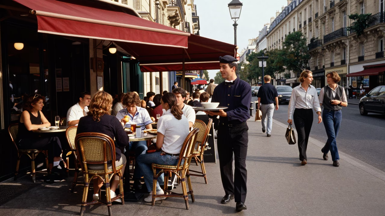 Parisian Sidewalk Café Scene in Late Afternoon Light with Metal Bucket and Shaved Ice in in Paris, France