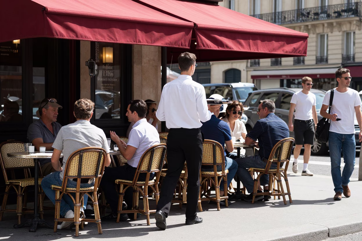 Parisian Sidewalk Café Scene Under Flat Noon Light with Shirt Hanger and Camp Stool in in Paris, France