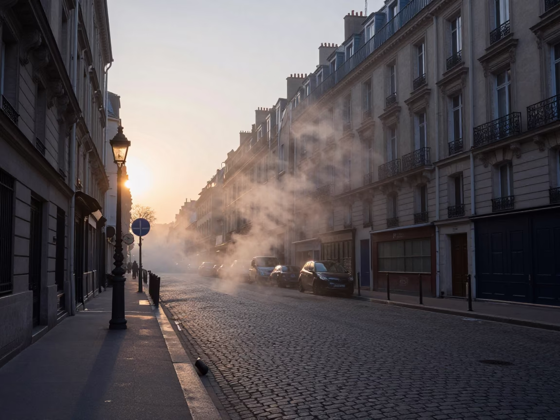 Parisian street at first light dawn with steaming district heating pipes and autumn leaves in in Paris, France