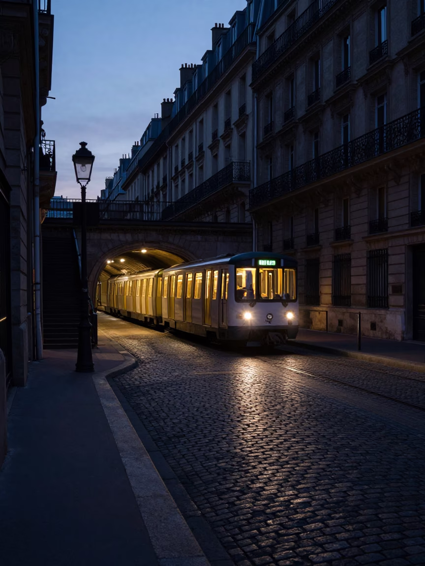 Parisian Street at Predawn with Metro Train Emerging from Tunnel in Early Morning Light in in Paris, France