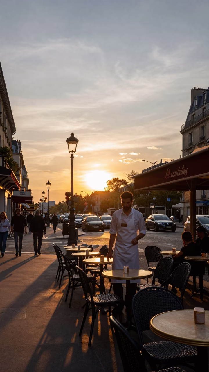 Parisian Street Cafe at Sunset with Aprons and Cheese Board in in Paris, France
