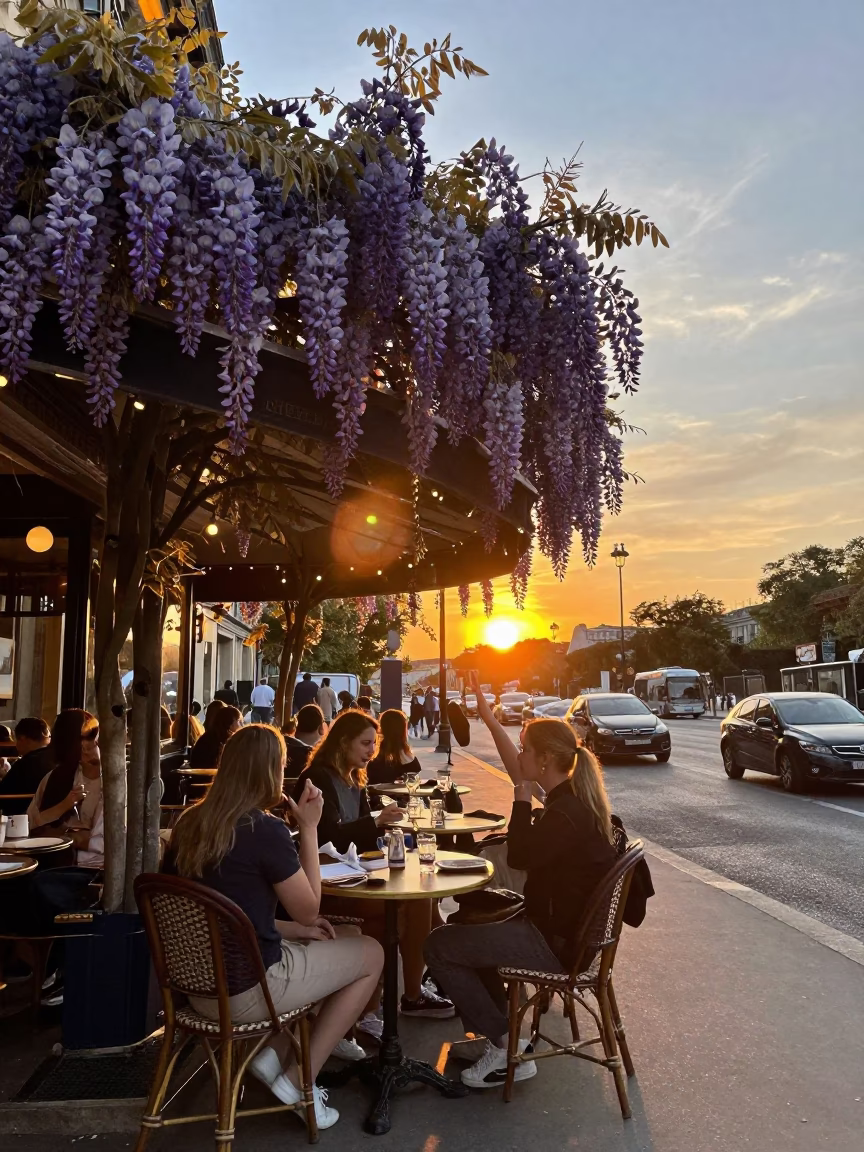 Parisian Street Cafe at Sunset with Wisteria Pergola and Vintage Telephone in in Paris, France