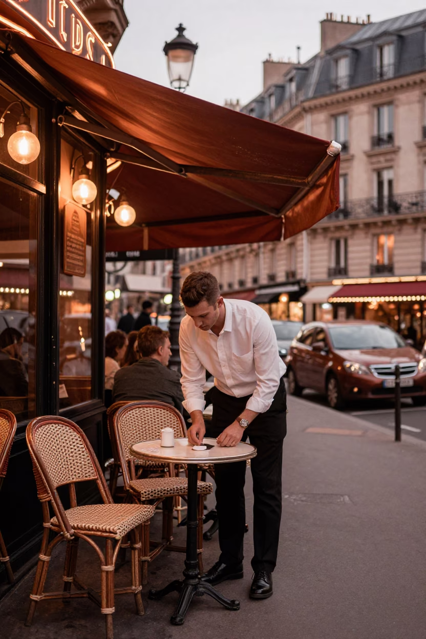 Parisian Street Cafe in Copper Dusk Light with Figs and Wine in in Paris, France