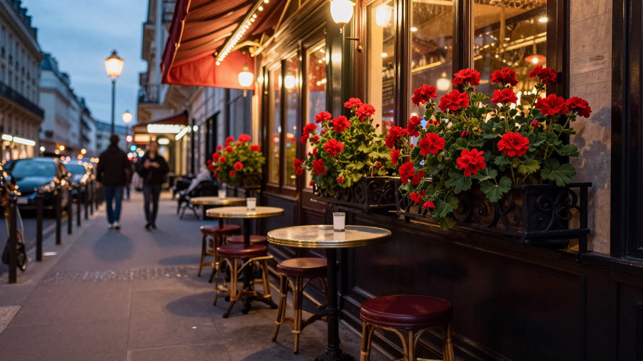 Parisian Street Cafe Twilight Scene with Geraniums and Cat in in Paris, France