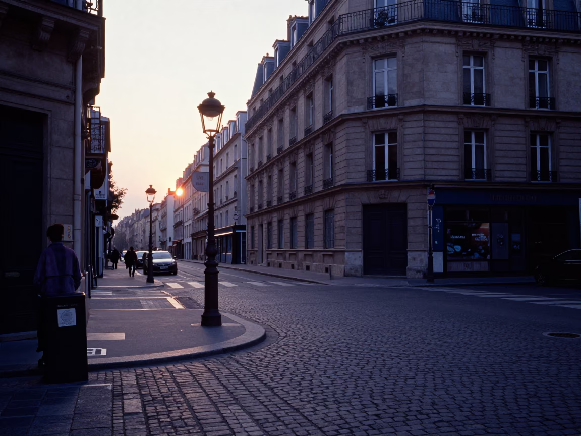 Parisian Street Corner at Dawn with Vintage 1960s Aesthetic and Early Morning Light in in Paris, France