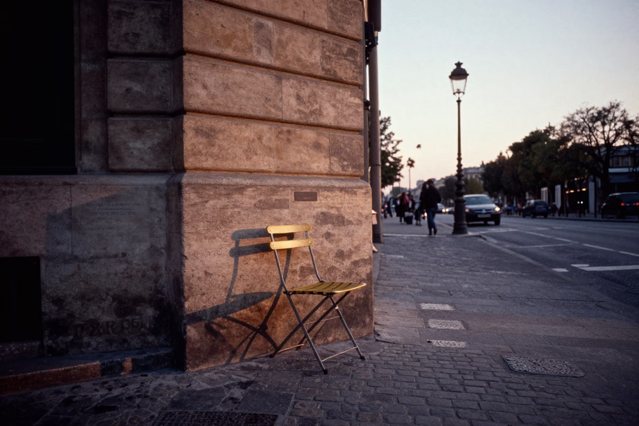 Parisian Street Corner at Dusk with Folding Chair and Urban Details in in Paris, France