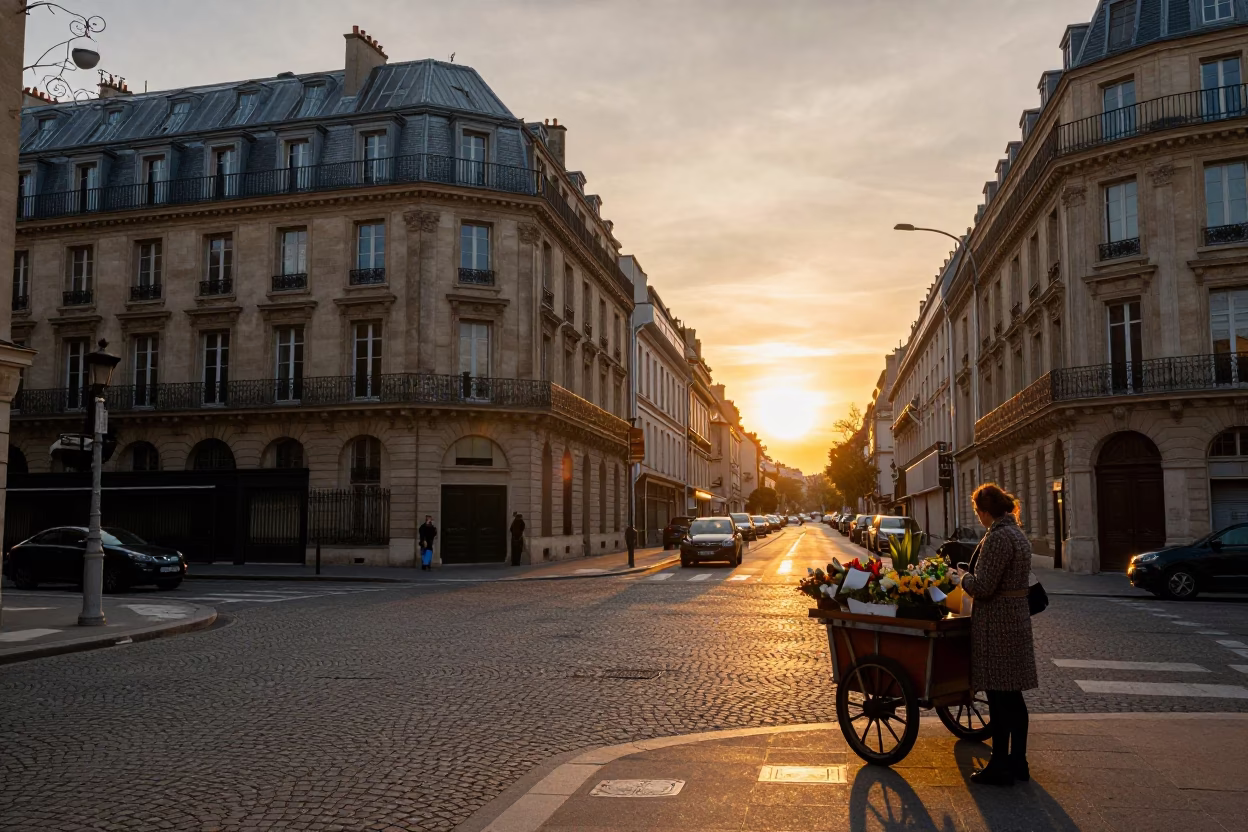 Parisian Street Corner at Dusk with Vintage Car and Flower Seller in in Paris, France