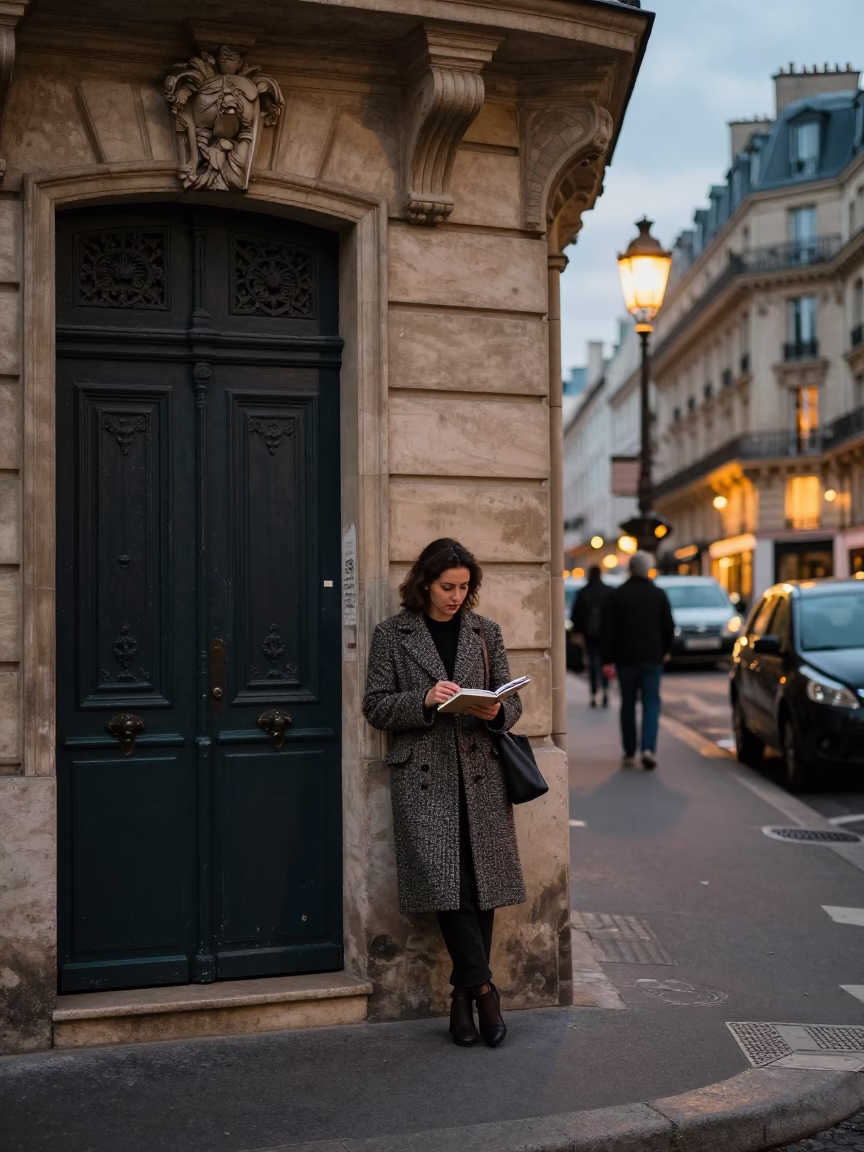 Parisian Street Corner at Dusk with Vintage Door Handle and Sketchbook in in Paris, France